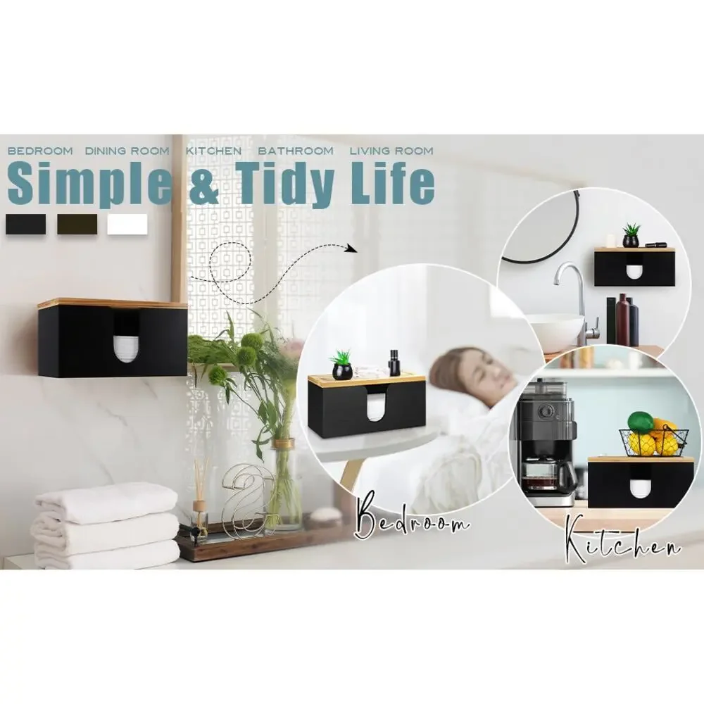 Wall Mount Paper Towel Holder Wood Dispenser Kitchen Napkin Storage Bamboo Top